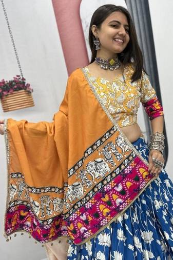 NAVRATRI  BLUE RAYON COTTON KALAMKARI PRINTED LEHENGA CHOLI SET FULL STITCHED