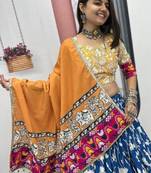 NAVRATRI WEAR BLUE COLOR RAYON COTTON KALAMKARI PRINTED LEHENGA CHOLI SET FULL STITCHED.