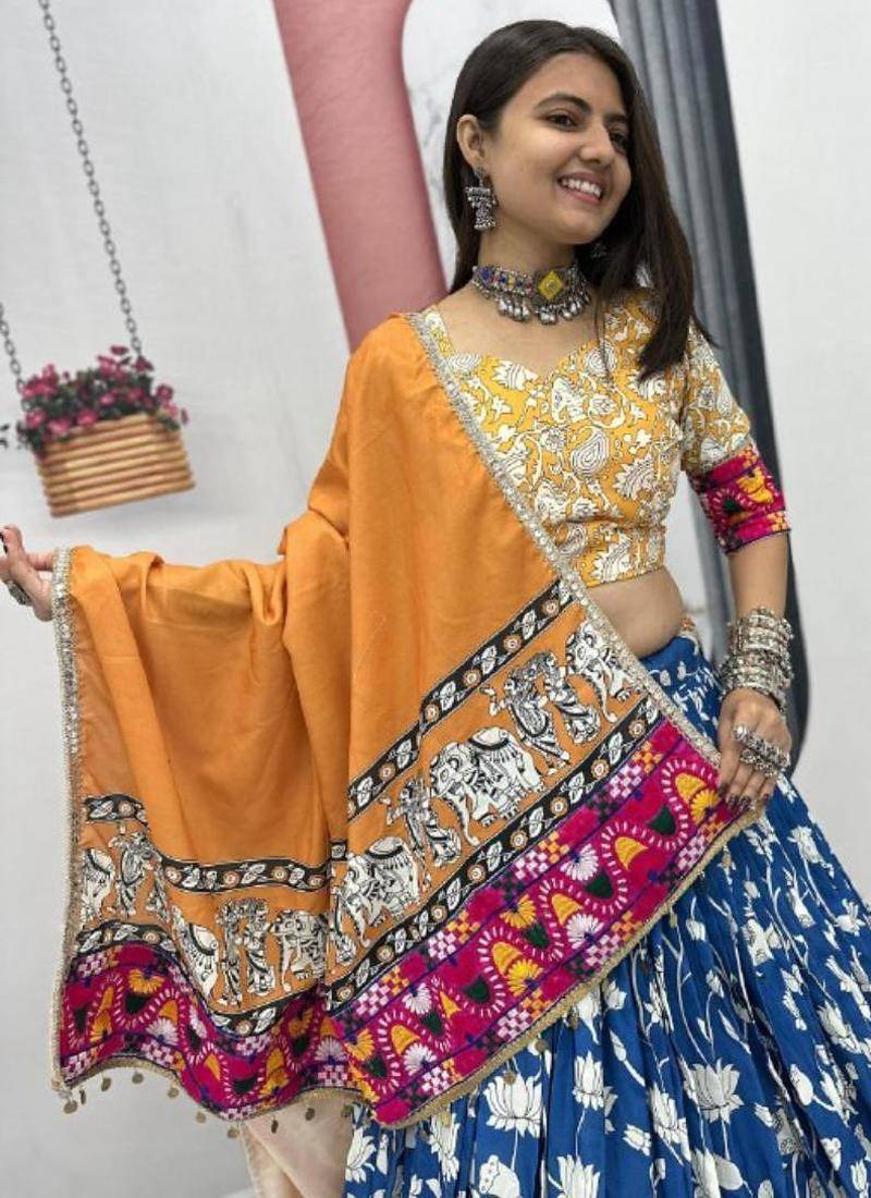 NAVRATRI WEAR BLUE COLOR RAYON COTTON KALAMKARI PRINTED LEHENGA CHOLI SET FULL STITCHED.