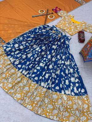 NAVRATRI  BLUE RAYON COTTON KALAMKARI PRINTED LEHENGA CHOLI SET FULL STITCHED 2