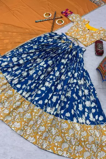 NAVRATRI WEAR BLUE RAYON COTTON KALAMKARI PRINTED LEHENGA CHOLI SET FULL STITCHED