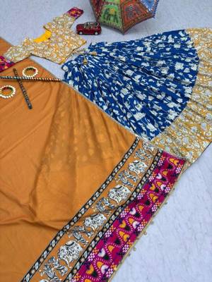 NAVRATRI  BLUE RAYON COTTON KALAMKARI PRINTED LEHENGA CHOLI SET FULL STITCHED 3