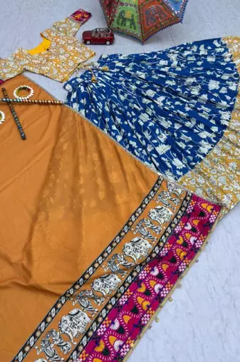 NAVRATRI WEAR BLUE RAYON COTTON KALAMKARI PRINTED LEHENGA CHOLI SET FULL STITCHED