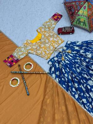 NAVRATRI  BLUE RAYON COTTON KALAMKARI PRINTED LEHENGA CHOLI SET FULL STITCHED 5