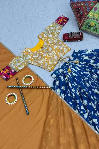 NAVRATRI WEAR BLUE RAYON COTTON KALAMKARI PRINTED LEHENGA CHOLI SET FULL STITCHED