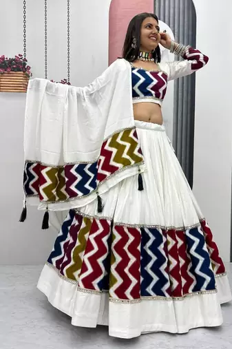 NAVRATRI WEAR WHITE COTTON SOLID PRINT LACE WORK LEHENGA CHOLI SET FULL STITCHED