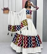 NAVRATRI WEAR WHITE COLOR COTTON SOLID PRINT LACE WORK LEHENGA CHOLI SET FULL STITCHED.
