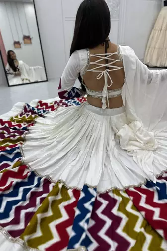 NAVRATRI WEAR WHITE COTTON SOLID PRINT LACE WORK LEHENGA CHOLI SET FULL STITCHED