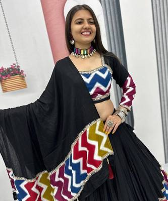 NAVRATRI WEAR BLACK COTTON SOLID PRINT LACE WORK LEHENGA CHOLI SET FULL STITCHED 1