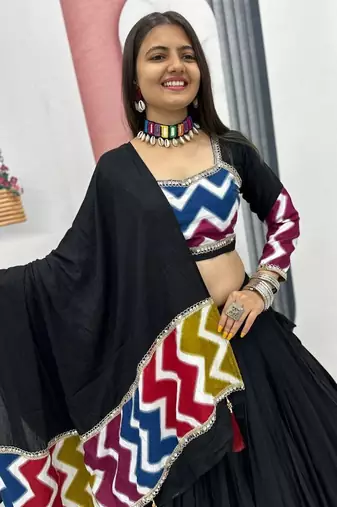 NAVRATRI WEAR BLACK COTTON SOLID PRINT LACE WORK LEHENGA CHOLI SET FULL STITCHED