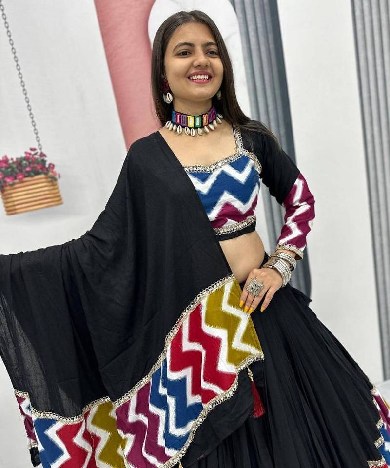 NAVRATRI WEAR BLACK COLOR COTTON SOLID PRINT LACE WORK LEHENGA CHOLI SET FULL STITCHED.