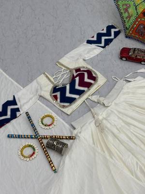 NAVRATRI  WHITE COTTON SOLID PRINT LACE WORK LEHENGA CHOLI SET FULL STITCHED 4
