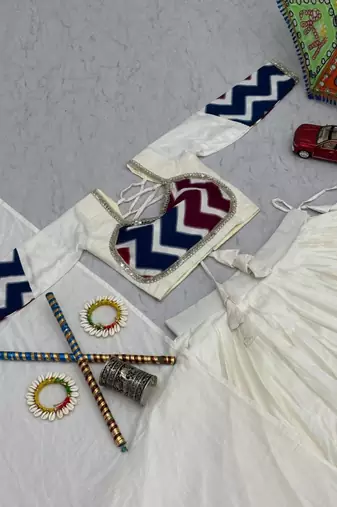 NAVRATRI WEAR WHITE COTTON SOLID PRINT LACE WORK LEHENGA CHOLI SET FULL STITCHED