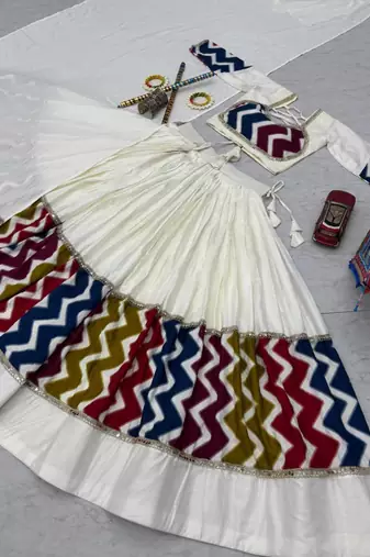 NAVRATRI WEAR WHITE COTTON SOLID PRINT LACE WORK LEHENGA CHOLI SET FULL STITCHED