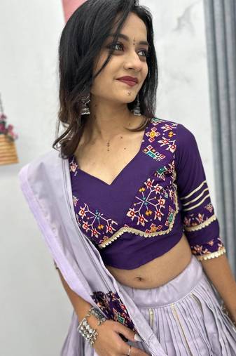 NAVRATRI  PURPLE COTTON LUMPI RIBBON LACE WORK PASTING BUTTA LEHENGA CHOLI SET FULL-STITCHED