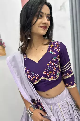 NAVRATRI WEAR PURPLE COTTON LUMPI RIBBON LACE WORK PASTING BUTTA LEHENGA CHOLI SET FULL-STITCHED