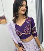 NAVRATRI WEAR PURPLE COLOR COTTON LUMPI RIBBON LACE WORK PASTING BUTTA LEHENGA CHOLI SET FULL-STITCHED.