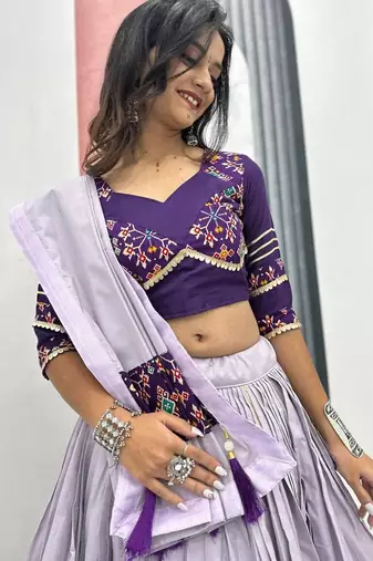 NAVRATRI WEAR PURPLE COTTON LUMPI RIBBON LACE WORK PASTING BUTTA LEHENGA CHOLI SET FULL-STITCHED