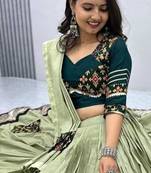 NAVRATRI WEAR MEHENDI COLOR COTTON LUMPI RIBBON LACE WORK PASTING BUTTA LEHENGA CHOLI SET FULL-STITCHED.