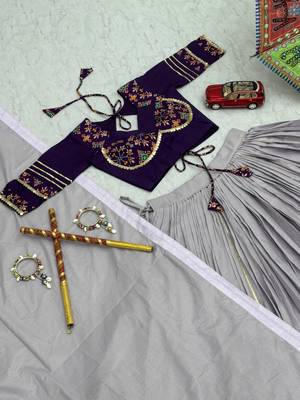 NAVRATRI  PURPLE COTTON LUMPI RIBBON LACE WORK PASTING BUTTA LEHENGA CHOLI SET FULL-STITCHED 3
