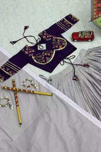 NAVRATRI WEAR PURPLE COTTON LUMPI RIBBON LACE WORK PASTING BUTTA LEHENGA CHOLI SET FULL-STITCHED