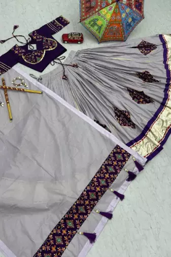 NAVRATRI WEAR PURPLE COTTON LUMPI RIBBON LACE WORK PASTING BUTTA LEHENGA CHOLI SET FULL-STITCHED