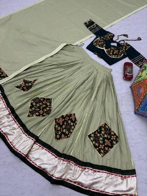 NAVRATRI WEAR MEHENDI COTTON LUMPI RIBBON LACE WORK PASTING BUTTA LEHENGA CHOLI SET FULL-STITCHED 5