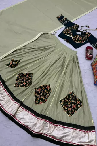 NAVRATRI WEAR MEHENDI COTTON LUMPI RIBBON LACE WORK PASTING BUTTA LEHENGA CHOLI SET FULL-STITCHED