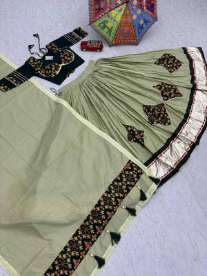 NAVRATRI WEAR MEHENDI COTTON LUMPI RIBBON LACE WORK PASTING BUTTA LEHENGA CHOLI SET FULL-STITCHED 6