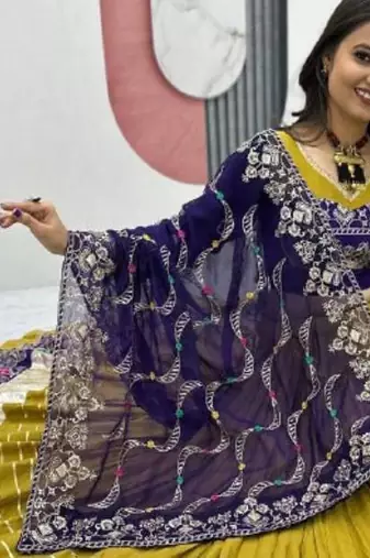 NAVRATRI WEAR LEMON MUSTARD COTTON EMBROIDERED THREAD SEQUENCE WORK LEHENGA CHOLI SET FULL STITCHED