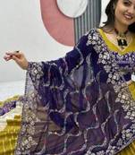 NAVRATRI WEAR LEMON MUSTARD COLOR COTTON EMBROIDERED THREAD SEQUENCE  WORK LEHENGA CHOLI SET FULL STITCHED.