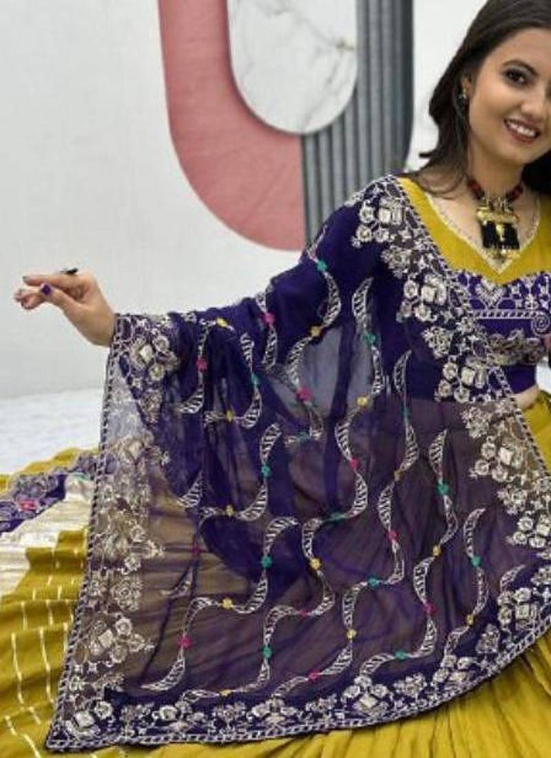 NAVRATRI WEAR LEMON MUSTARD COLOR COTTON EMBROIDERED THREAD SEQUENCE  WORK LEHENGA CHOLI SET FULL STITCHED.