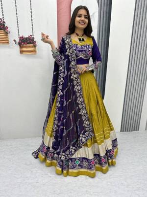 NAVRATRI  LEMON MUSTARD COTTON EMBROIDERED THREAD SEQUENCE WORK LEHENGA CHOLI SET FULL STITCHED 2