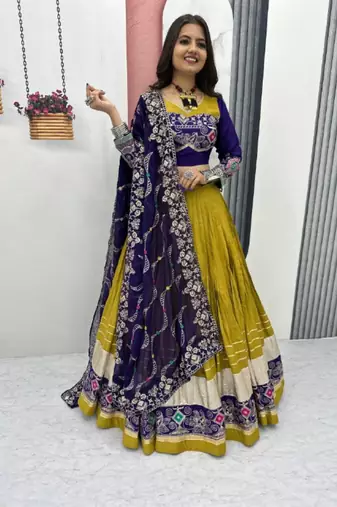 NAVRATRI WEAR LEMON MUSTARD COTTON EMBROIDERED THREAD SEQUENCE WORK LEHENGA CHOLI SET FULL STITCHED