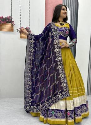 NAVRATRI  LEMON MUSTARD COTTON EMBROIDERED THREAD SEQUENCE WORK LEHENGA CHOLI SET FULL STITCHED 3