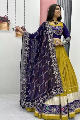 NAVRATRI WEAR LEMON MUSTARD COTTON EMBROIDERED THREAD SEQUENCE WORK LEHENGA CHOLI SET FULL STITCHED