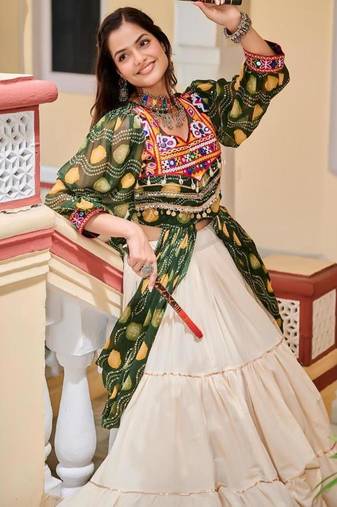 NAVRATRI WEAR WHITE GREEN SOLID PRINT COTTON RIBBON LACE WORK LEHENGA SHRUG FULL STITCHED