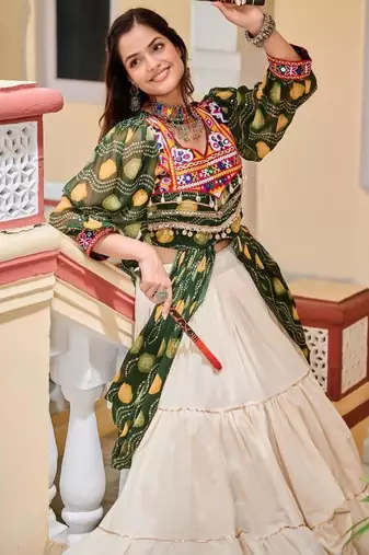 NAVRATRI WEAR WHITE GREEN SOLID PRINT COTTON RIBBON LACE WORK LEHENGA SHRUG FULL STITCHED