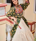 NAVRATRI WEAR WHITE GREEN COLOR SOLID PRINT COTTON RIBBON LACE WORK LEHENGA SHRUG FULL STITCHED.