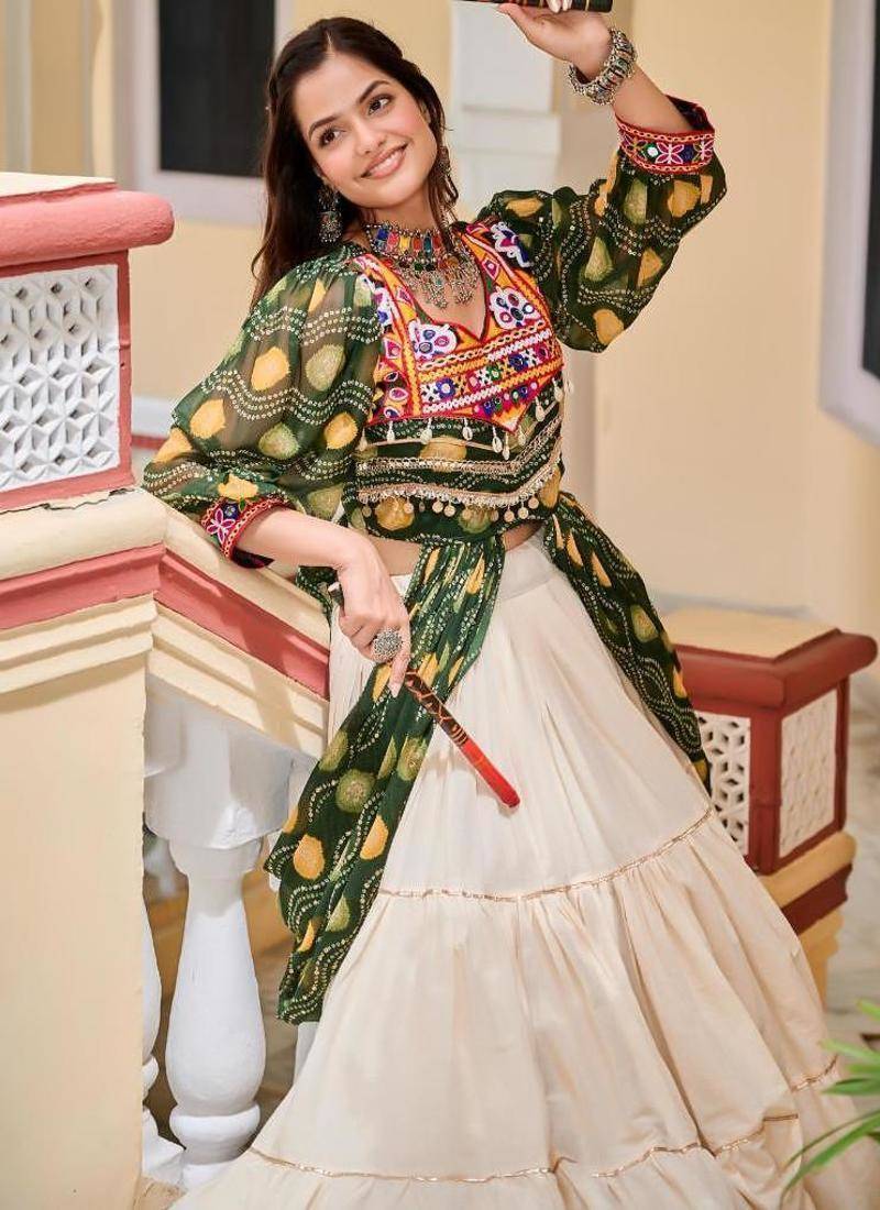 NAVRATRI WEAR WHITE GREEN COLOR SOLID PRINT COTTON RIBBON LACE WORK LEHENGA SHRUG FULL STITCHED.