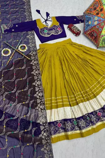 NAVRATRI WEAR LEMON MUSTARD COTTON EMBROIDERED THREAD SEQUENCE WORK LEHENGA CHOLI SET FULL STITCHED