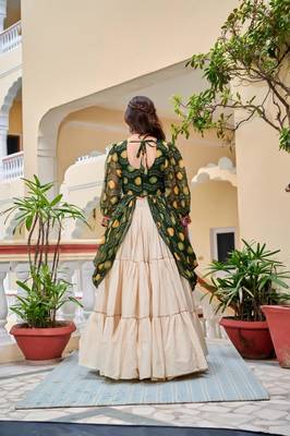 NAVRATRI  WHITE GREEN SOLID PRINT COTTON RIBBON LACE WORK LEHENGA SHRUG FULL STITCHED 2