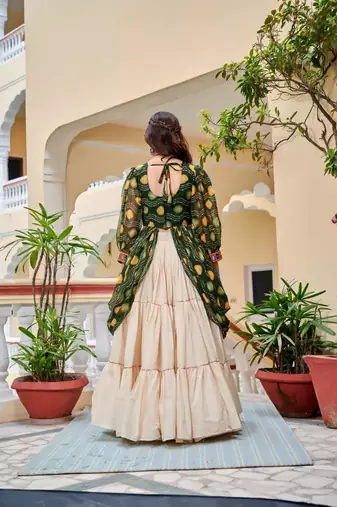 NAVRATRI WEAR WHITE GREEN SOLID PRINT COTTON RIBBON LACE WORK LEHENGA SHRUG FULL STITCHED