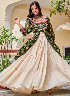 NAVRATRI  WHITE GREEN SOLID PRINT COTTON RIBBON LACE WORK LEHENGA SHRUG FULL STITCHED 3