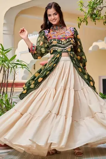 NAVRATRI WEAR WHITE GREEN SOLID PRINT COTTON RIBBON LACE WORK LEHENGA SHRUG FULL STITCHED