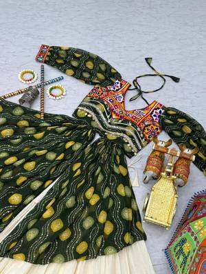 NAVRATRI  WHITE GREEN SOLID PRINT COTTON RIBBON LACE WORK LEHENGA SHRUG FULL STITCHED 5