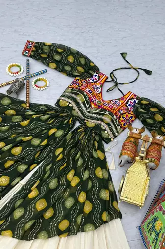 NAVRATRI WEAR WHITE GREEN SOLID PRINT COTTON RIBBON LACE WORK LEHENGA SHRUG FULL STITCHED