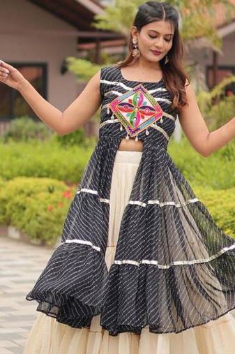 black printed pure cotton navratri lehenga with shrug 