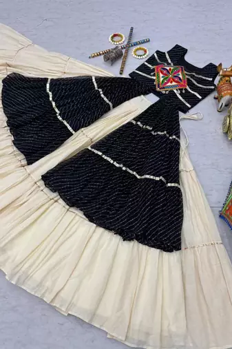 NAVRATRI WEAR BLACK PURE COTTON SOLID -PRINTED LEHENGA SHRUG FULL STITCHED