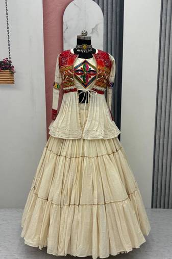 NAVRATRI WEAR WHITE COTTON RIBBON LACE WORK LEHENGA CHOLI KOTI SET FULL STITCHED